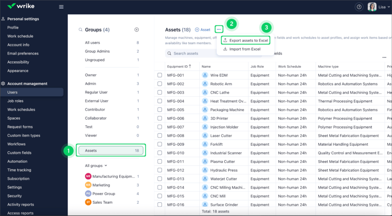 Wrike account management screen listing assets with equipment ID, job role, and export to Excel option.