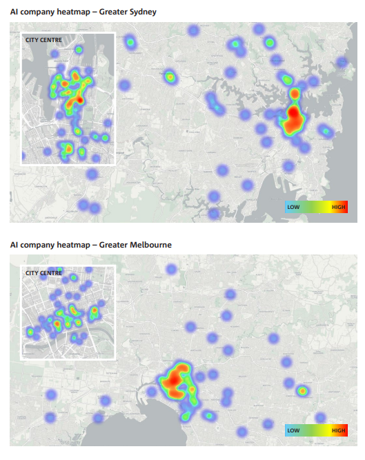 Mapa de calor que destaca la agrupación de nuevas empresas de IA en Sydney y Melbourne.