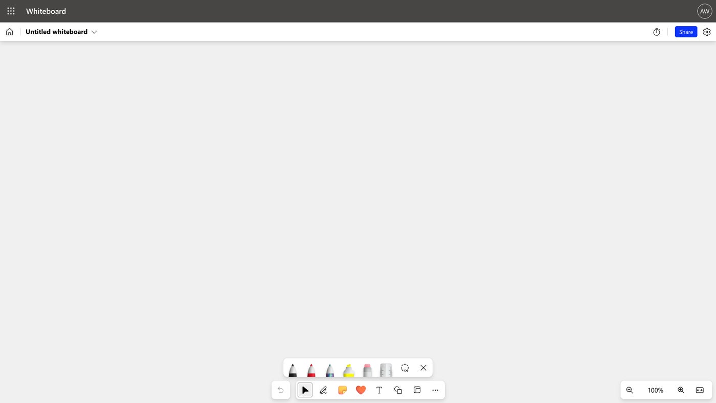 显示 Chromebook 上新的空白 Microsoft Whiteboard 界面的屏幕截图。