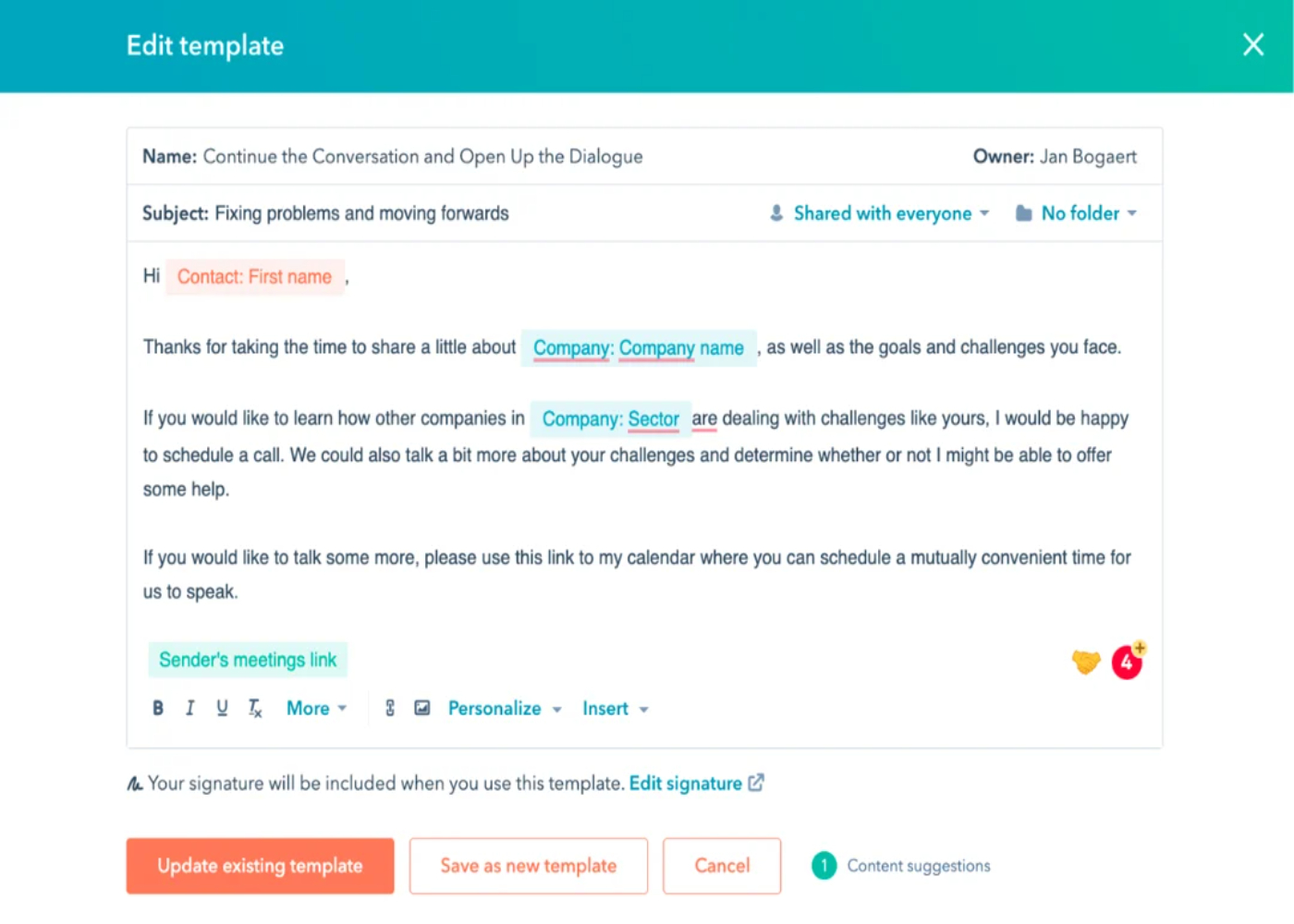 Screenshot of a sample HubSpot email template.