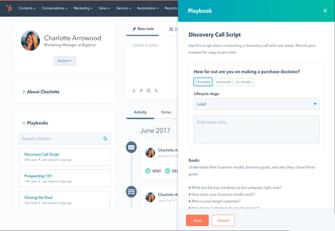Sample playbook feature in HubSpot dashboard.