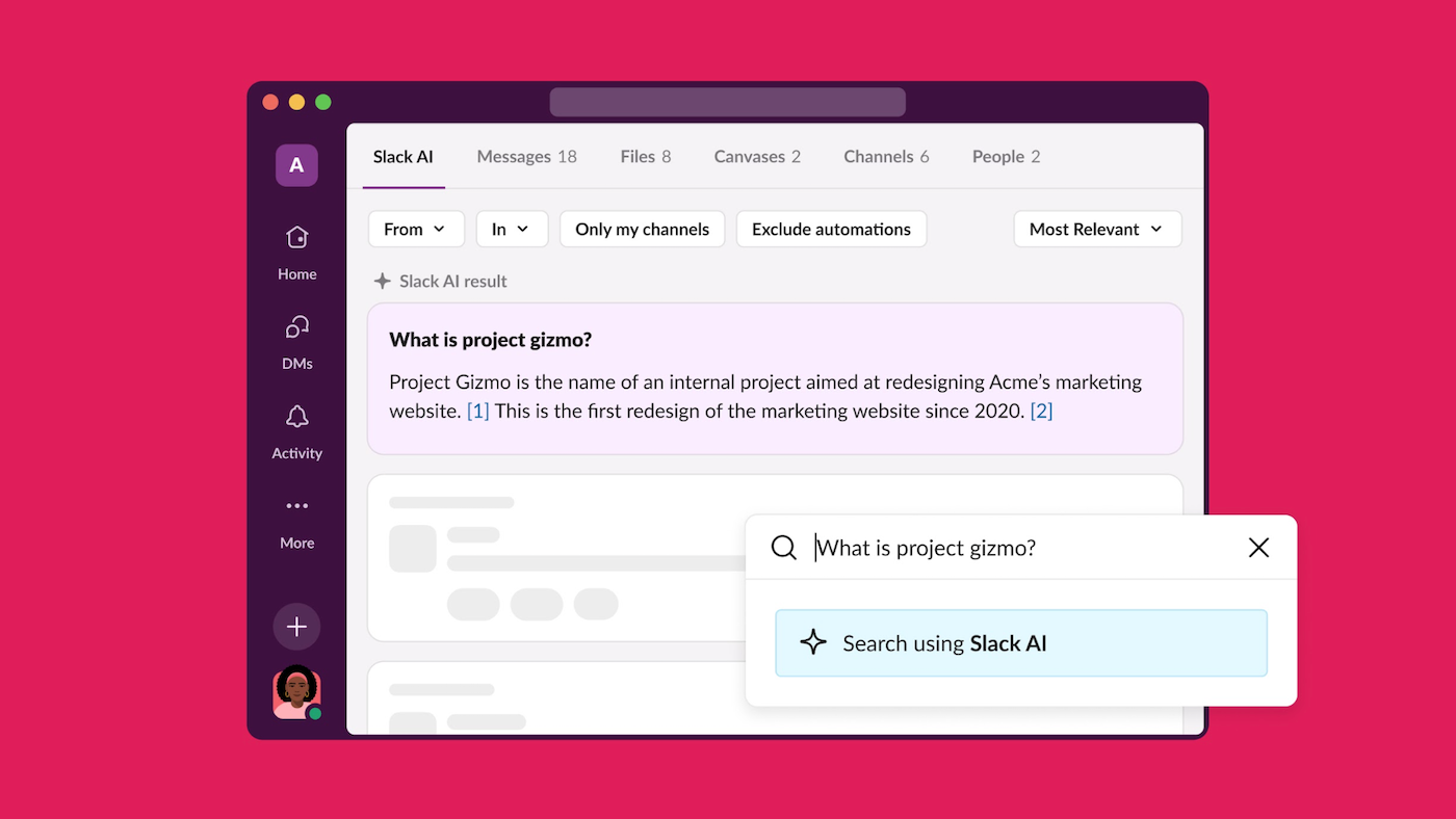 An image of the UI of an AI-powered search in Slack.