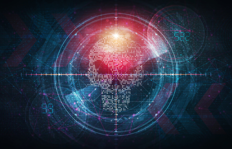 Targeting scope on data bits forming a skull image on a digital background.