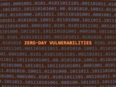 Zero day vulnerability inscription on a background of binary values.