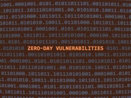Zero day vulnerability inscription on a background of binary values.