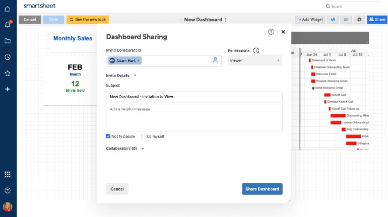 Smartsheet dashboard sharing view.