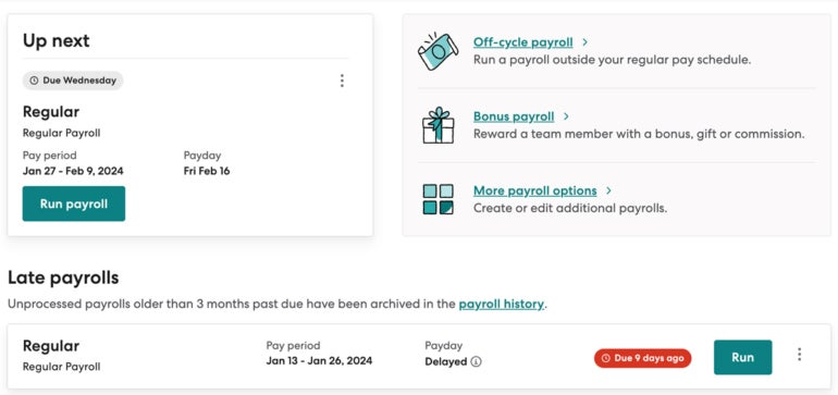 From the Gusto payroll dashboard, you can get a quick look at any upcoming and past due payroll runs, then run payroll with the click of a button.