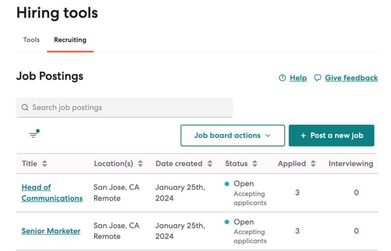 From the People tab on Gusto's dashboard, you can post jobs and keep tabs on open positions, including the number of applications submitted and candidates interviewed.