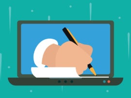 Vectory illustration of an arm writing on a paper coming out a laptop display.