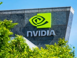 Nvidia logo and sign on headquarters in Santa Clara, California.
