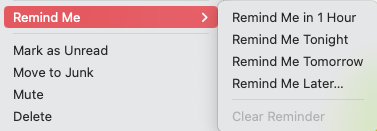 您可以通过右键单击电子邮件找到 Apple Mail 的“提醒我”选项。