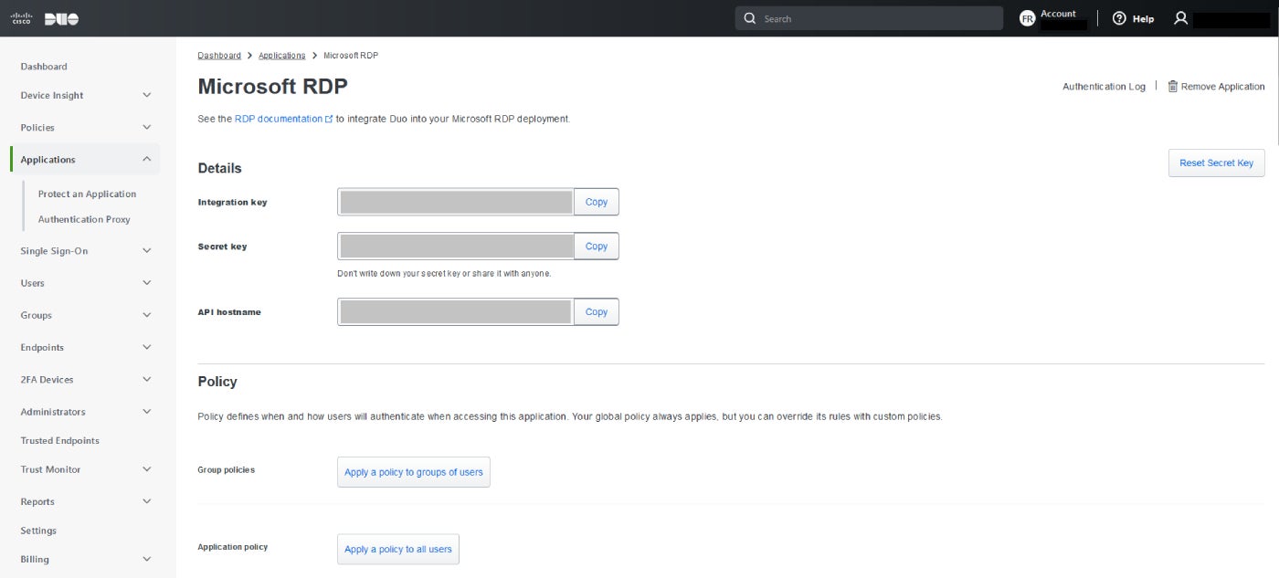 A screenshot of the Cisco Duo Microsoft Remote Desktop integration page.