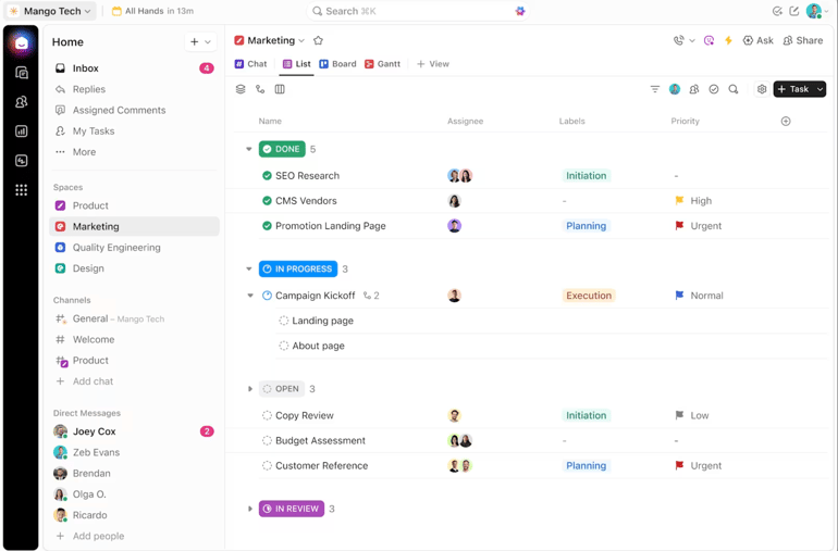 ClickUp task list grouped by status with assignees, labels, and priority fields in a customizable workspace