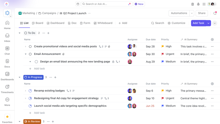 ClickUp list view showing marketing project tasks grouped by status with assignees, due dates, priority labels, and AI-generated task summaries.