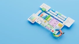 A 3D graphics showing spreadsheets and financial concept.