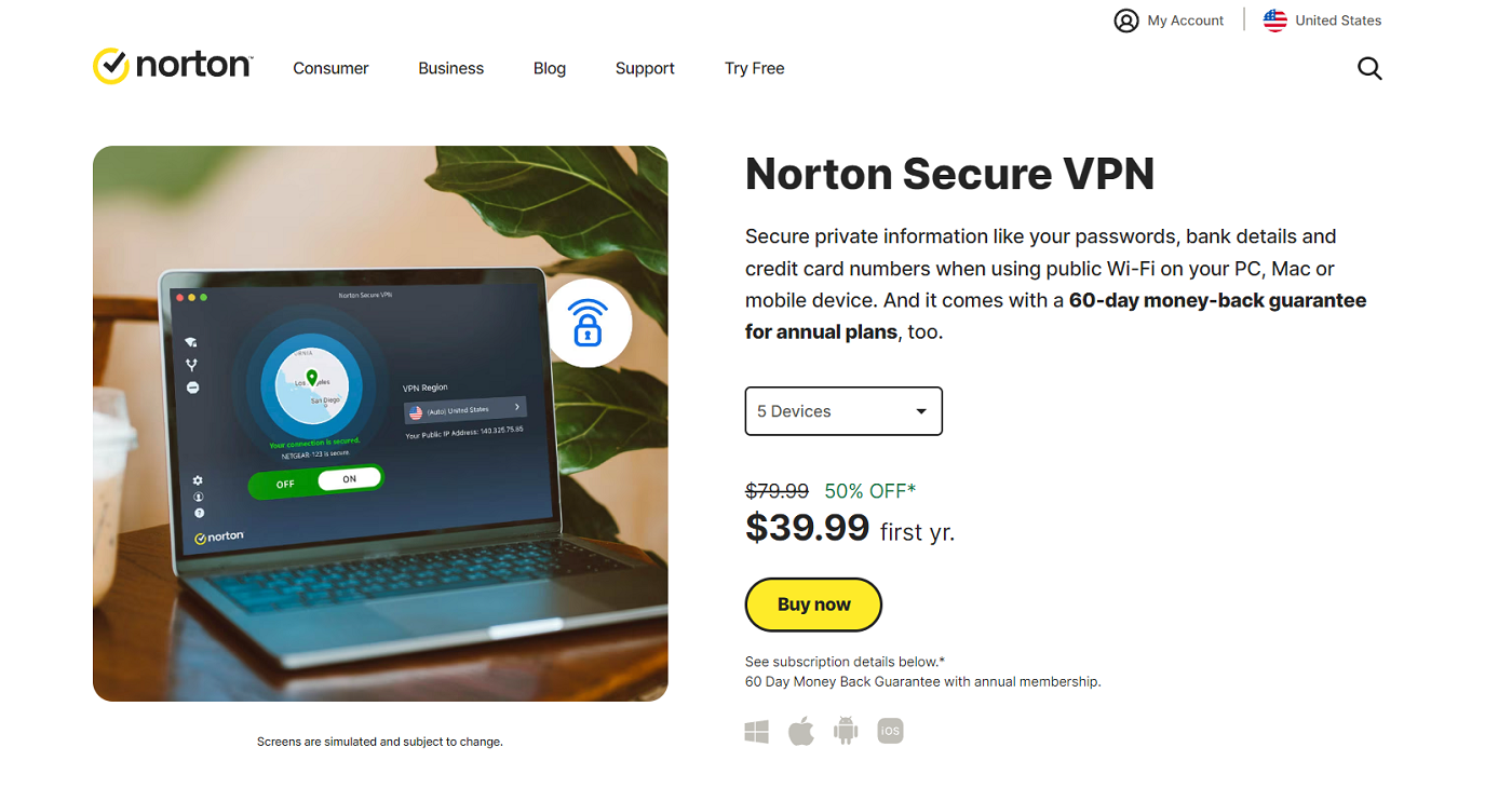 Página de precios de Norton Secure VPN.