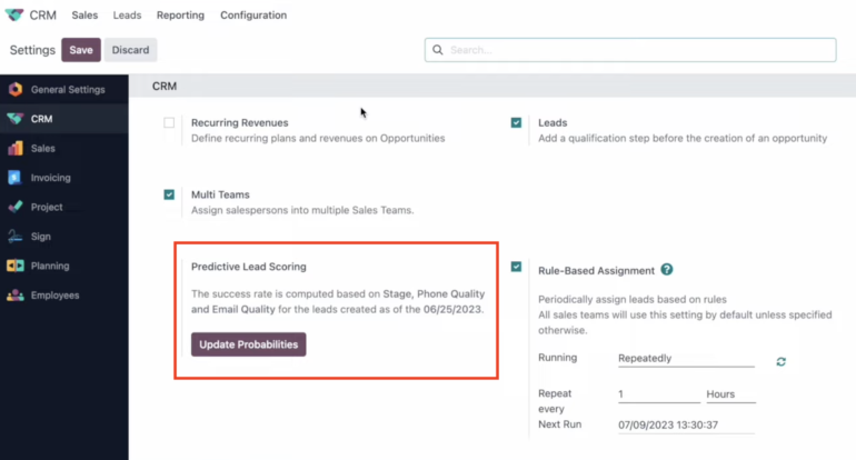 Odoo CRM feature configures predictive lead scoring in the main dashboard.