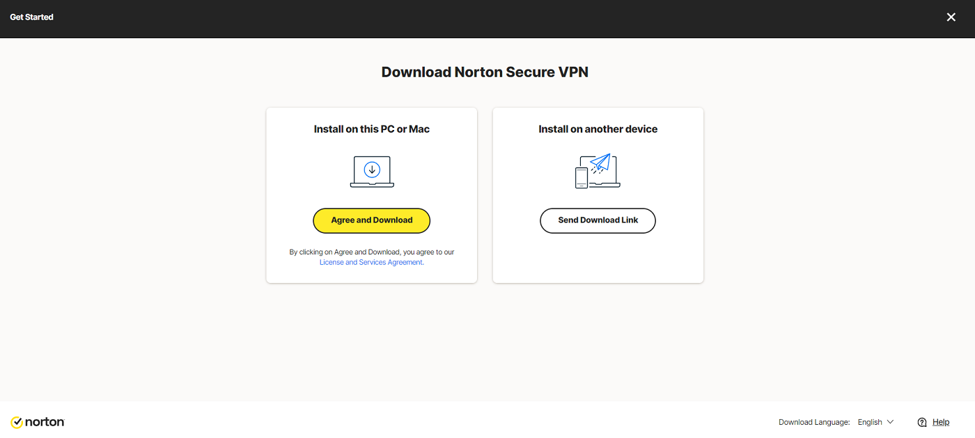 诺顿安全 VPN 下载页面。