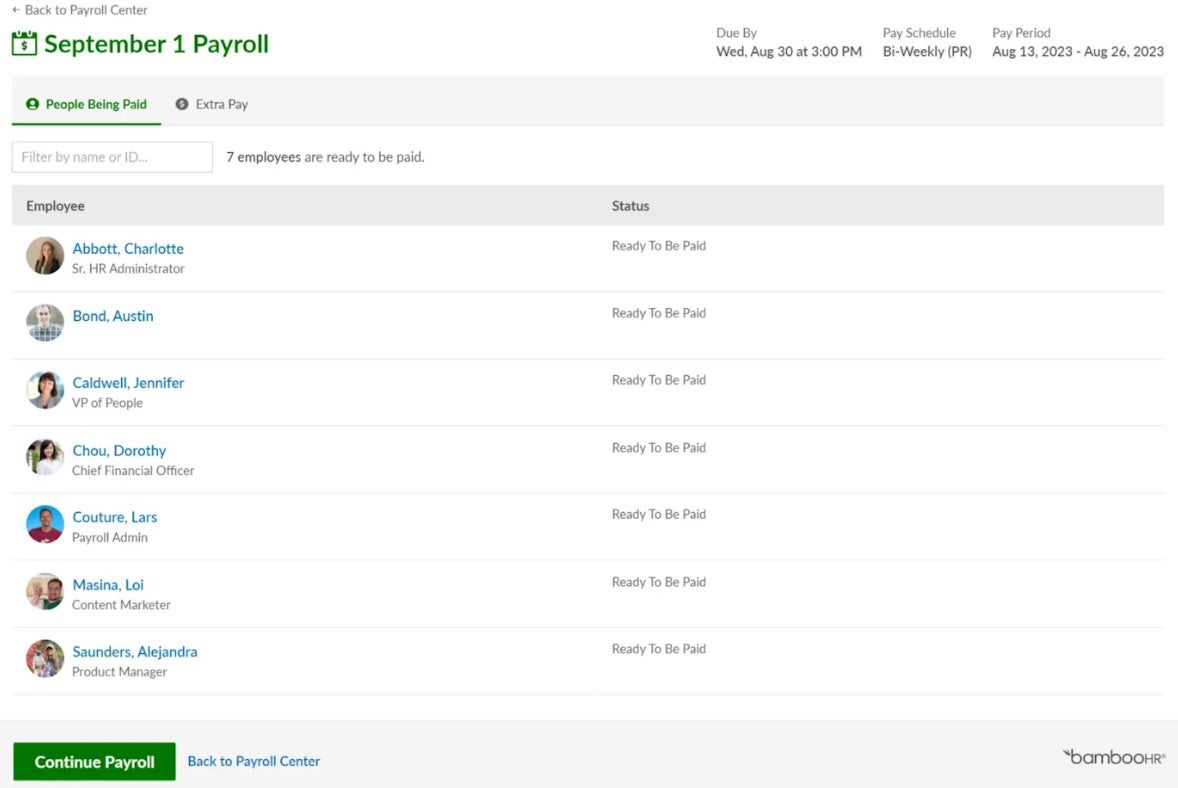 Image showing BambooHR's upcoming payroll sample.
