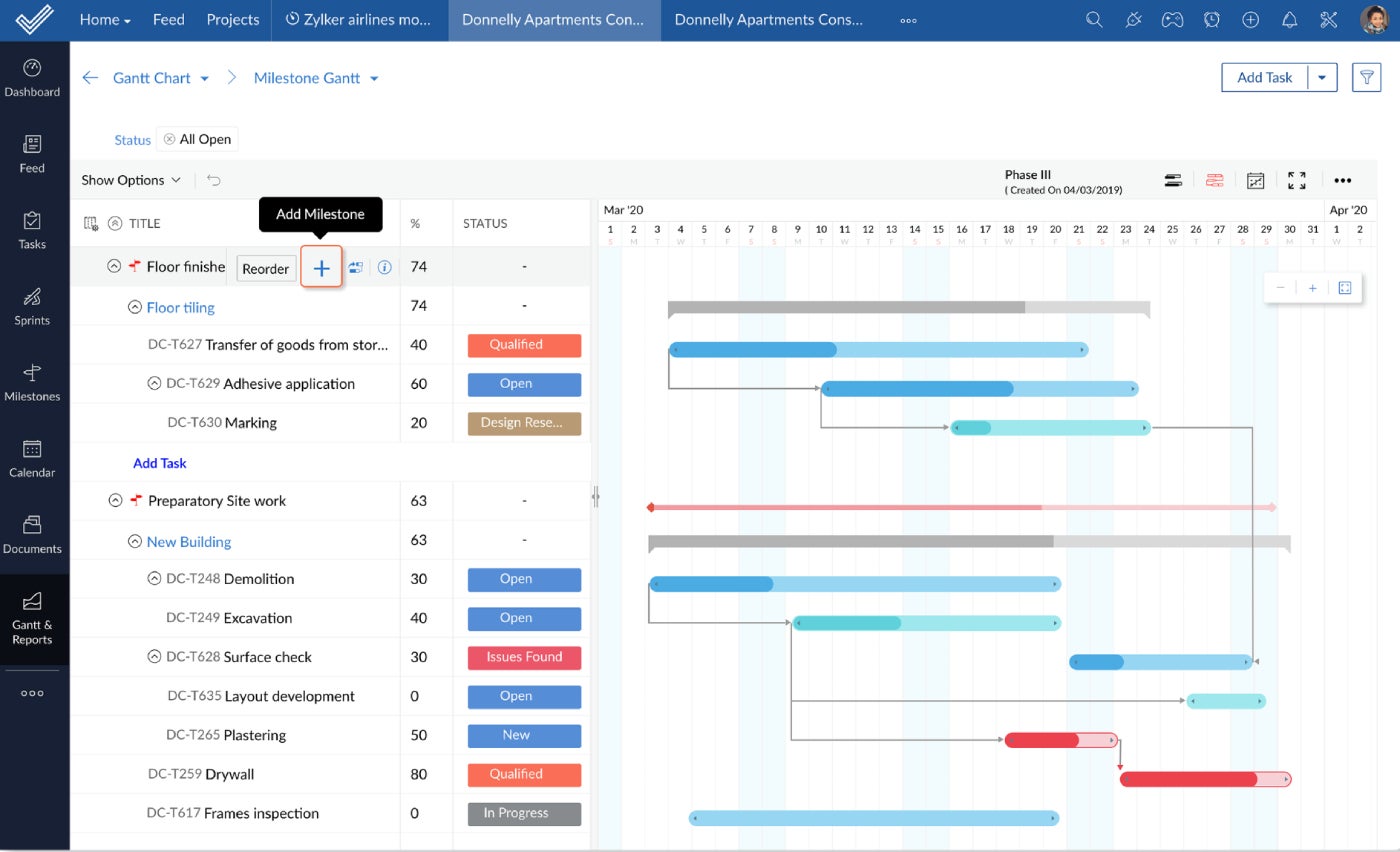 Zoho Projects Gantt chart view.