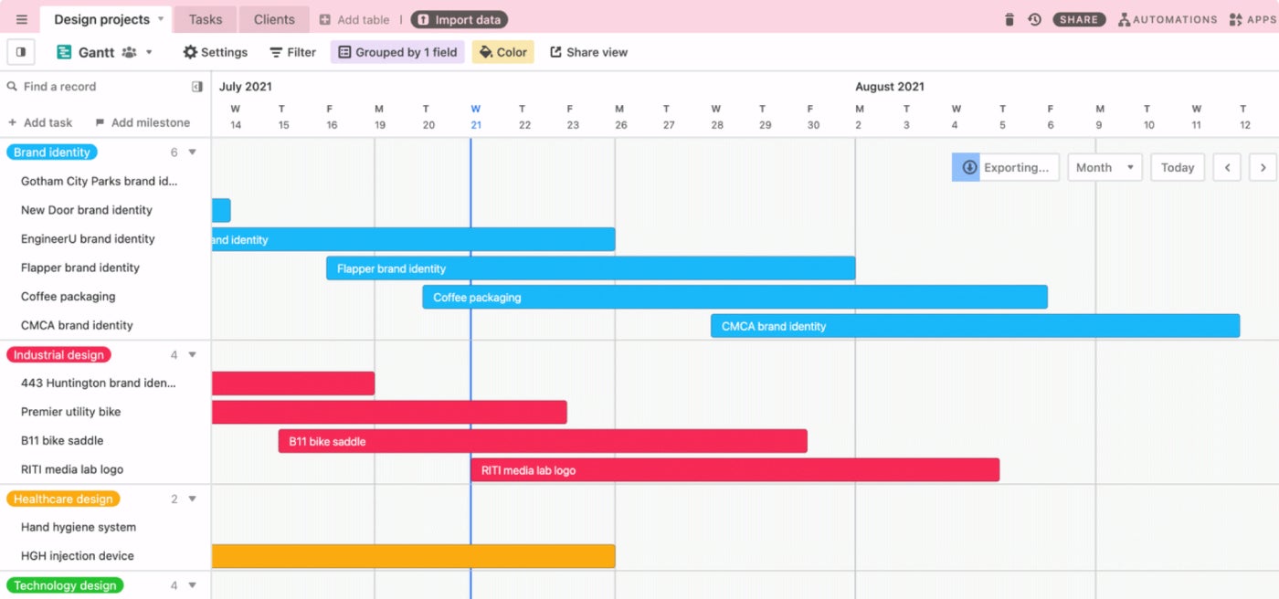 Airtable Gantt chart view.