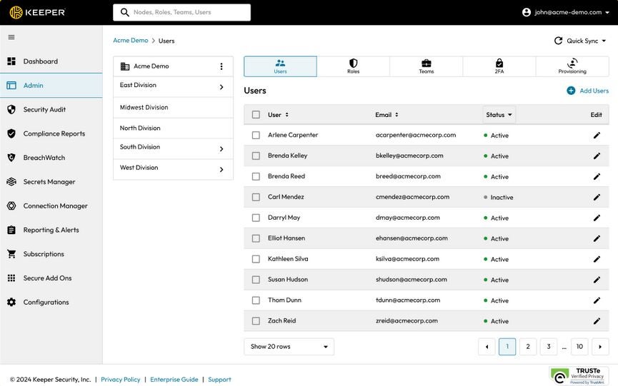 A screenshot of the Keeper Security team management dashboard. 