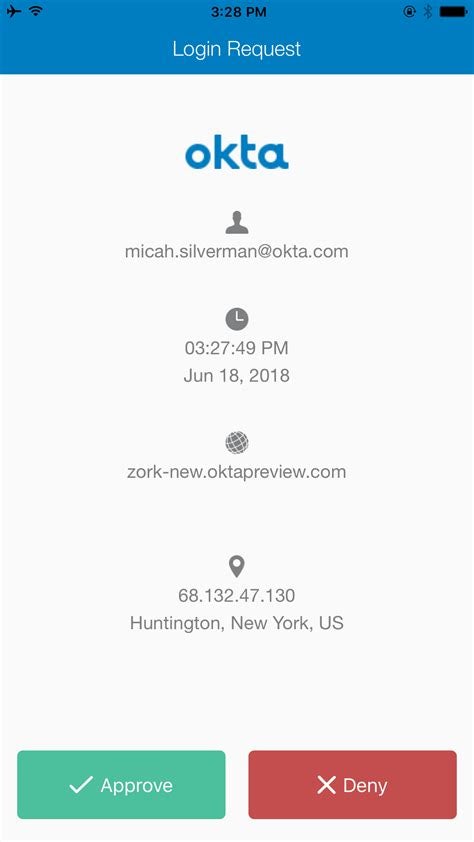 A screenshot of the Okta mobile push authentication screen.