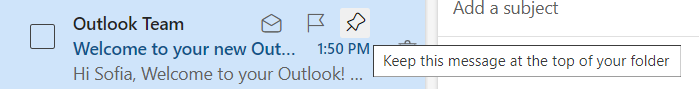 Pin icon at the top right of an email preview.