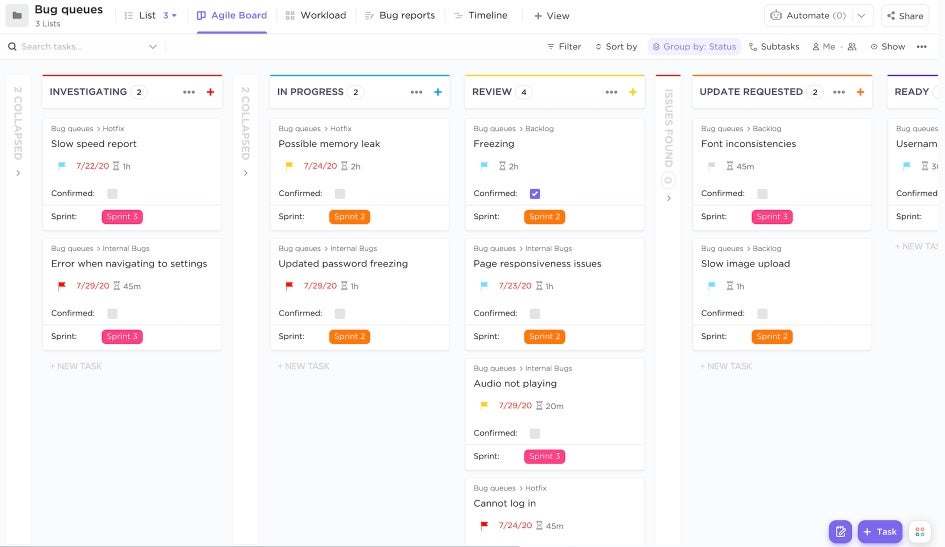 ClickUp Agile board view.