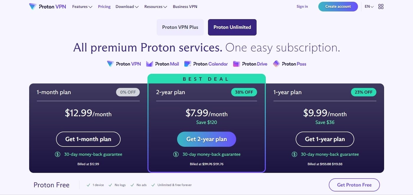 Captura de pantalla de los planes ilimitados de Proton VPN.