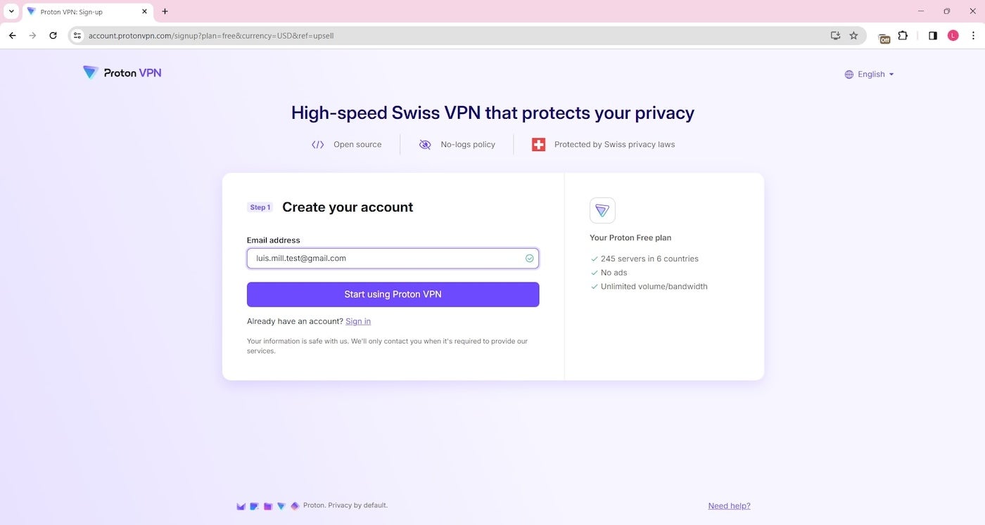 Screenshot of Proton account creation.