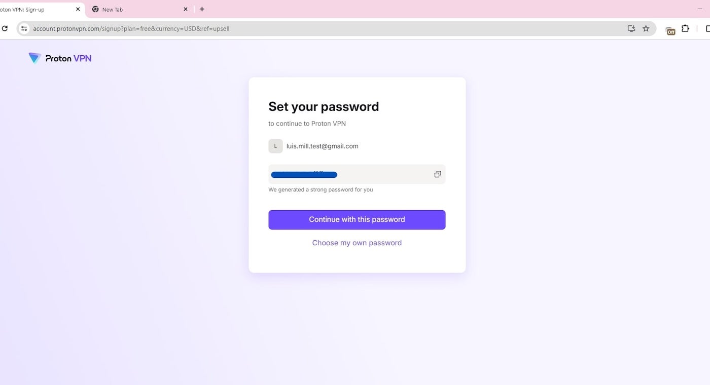 Screenshot of automatically generated Proton VPN password.