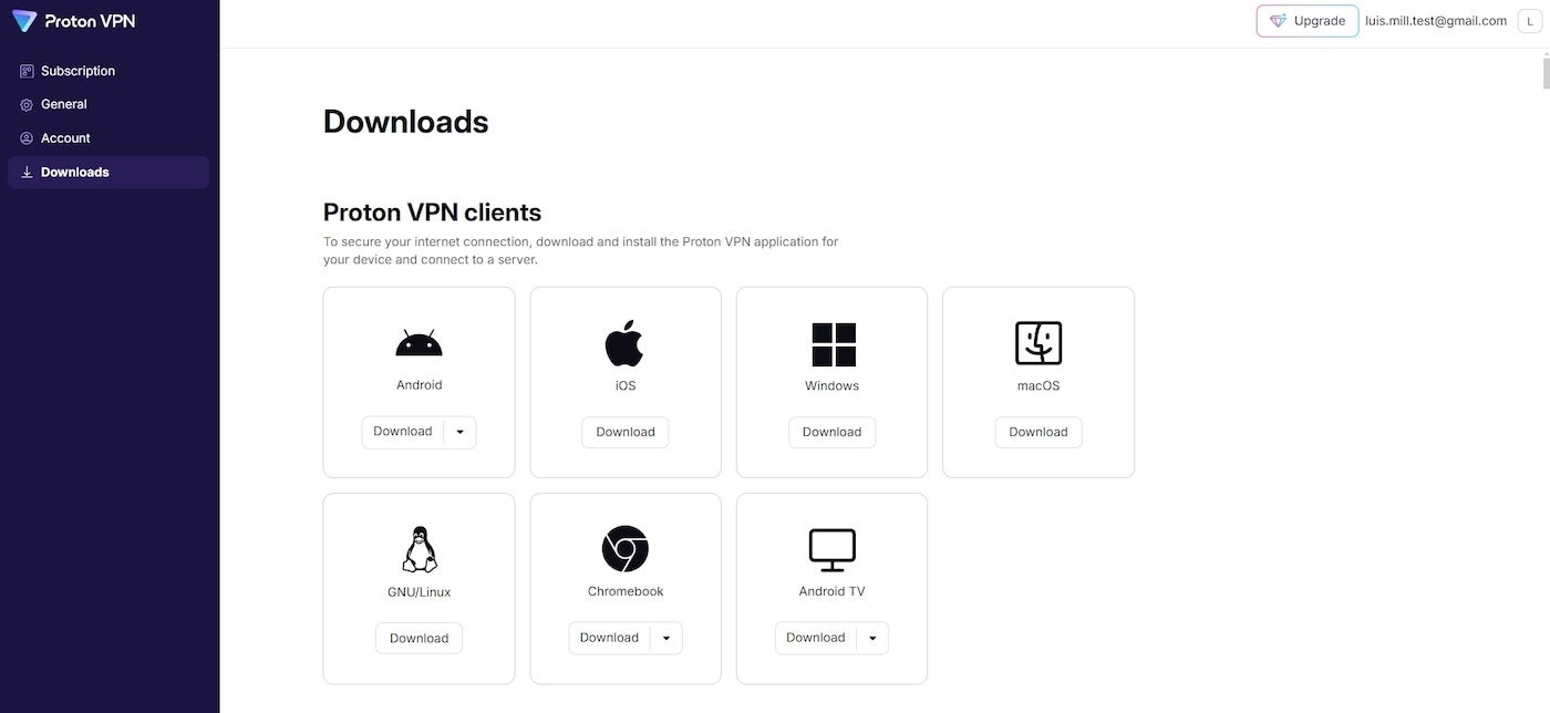 Screenshot of the Proton VPN downloads page.