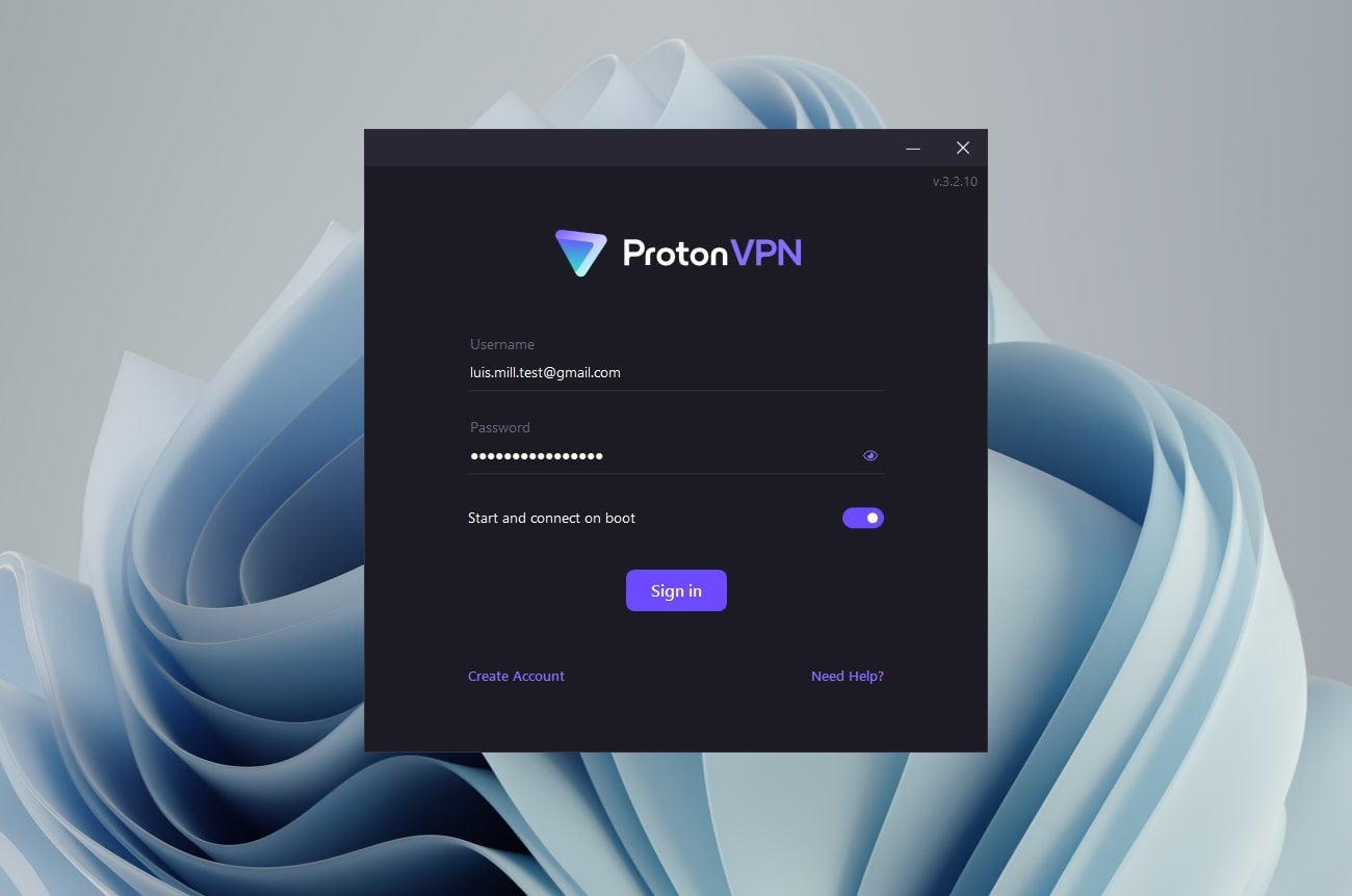 Captura de pantalla del inicio de sesión inicial de Proton VPN.