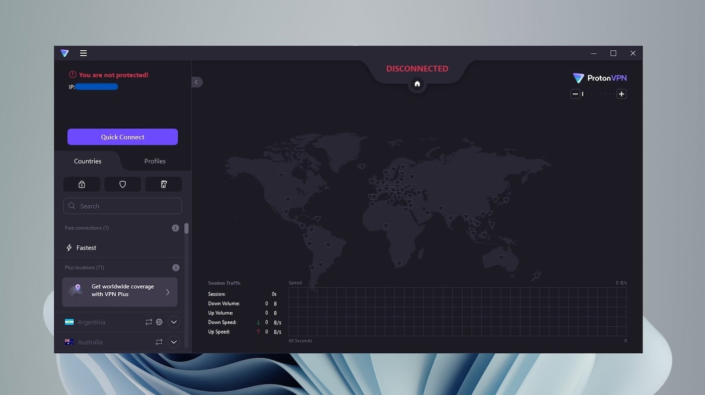 Captura de pantalla del panel principal de Proton VPN.