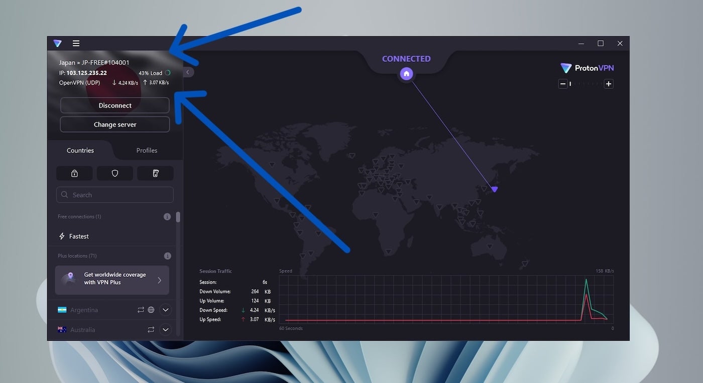 Captura de pantalla de Conectado al servidor Proton VPN Japan. 