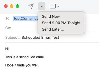 Clicking the dropdown button next to the send icon lets you send a message at a designated schedule for Apple Mail.