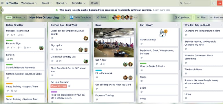Trello Kanban board displaying onboarding workflow stages with draggable cards, checklists, due dates, and assigned members.