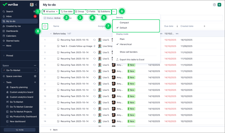 Wrike task management dashboard displaying grouped tasks, due dates, assignees, statuses, filters, and workspace navigation tools.