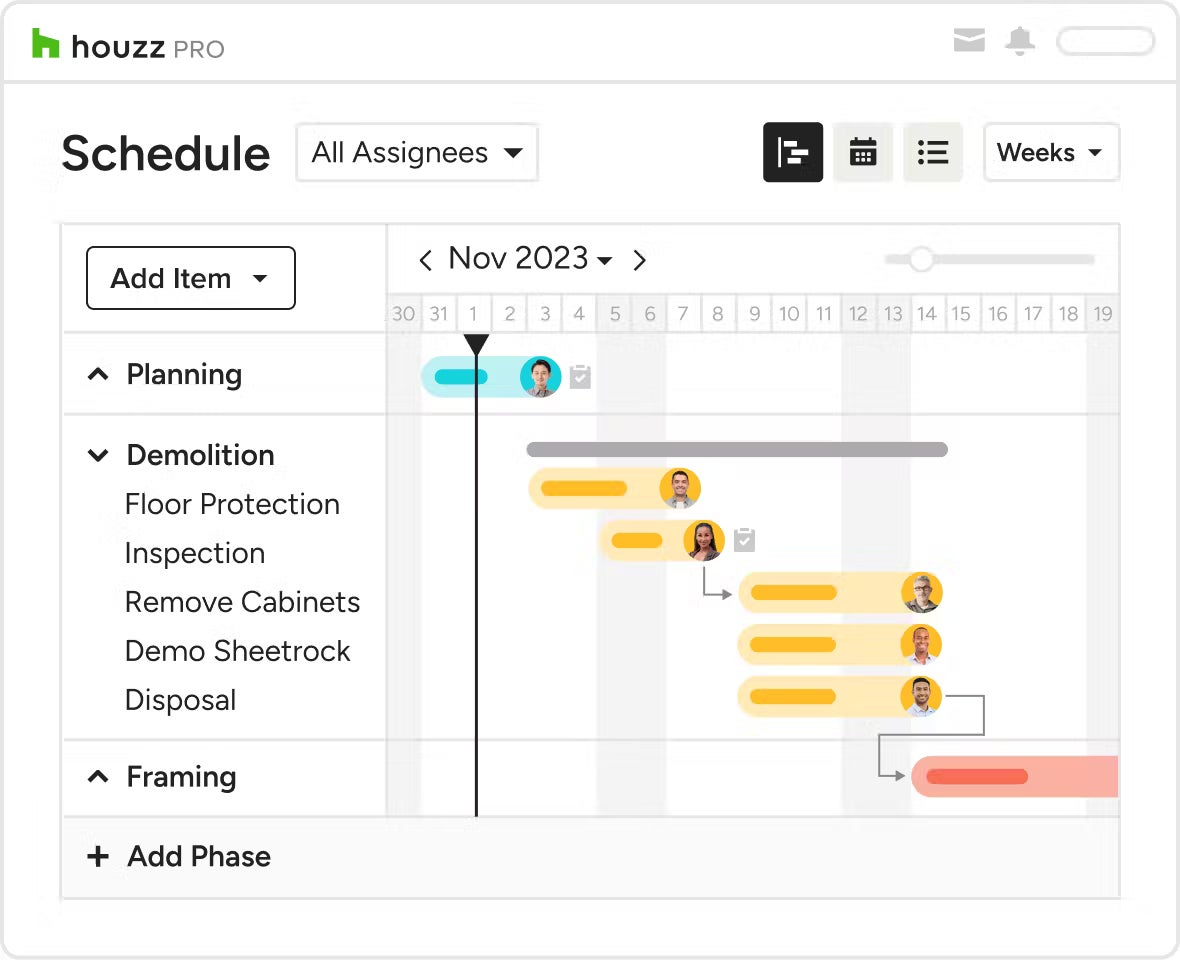 Houzz Pro task scheduling and timeline.