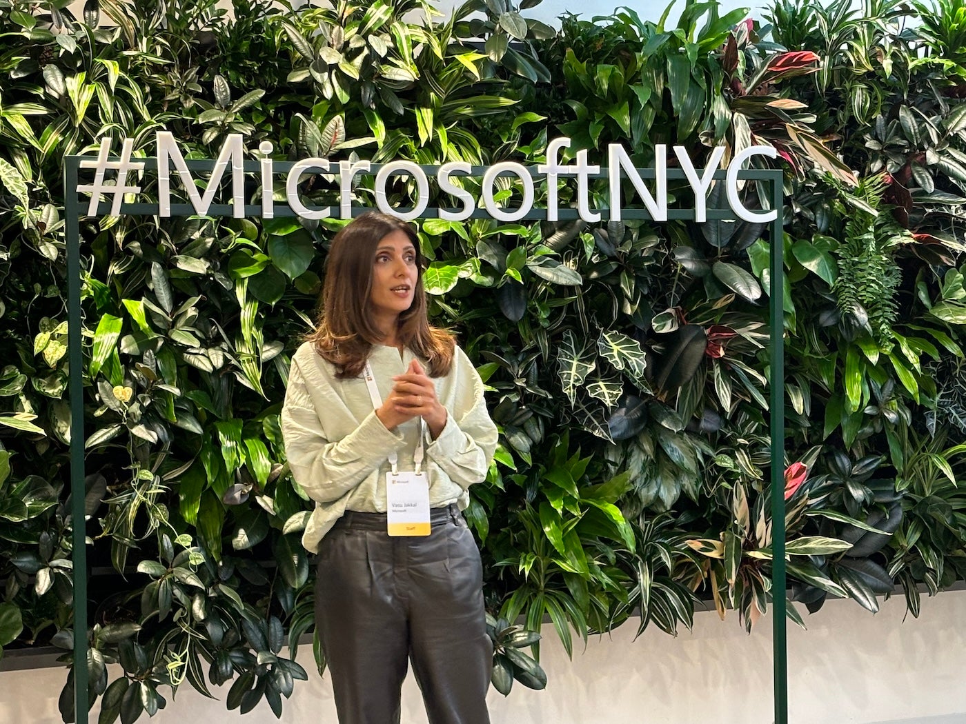Vasu Jakkal, corporate vice president, Microsoft Security, speaks about Security Copilot at the Microsoft Experience Center in New York City on March 7.