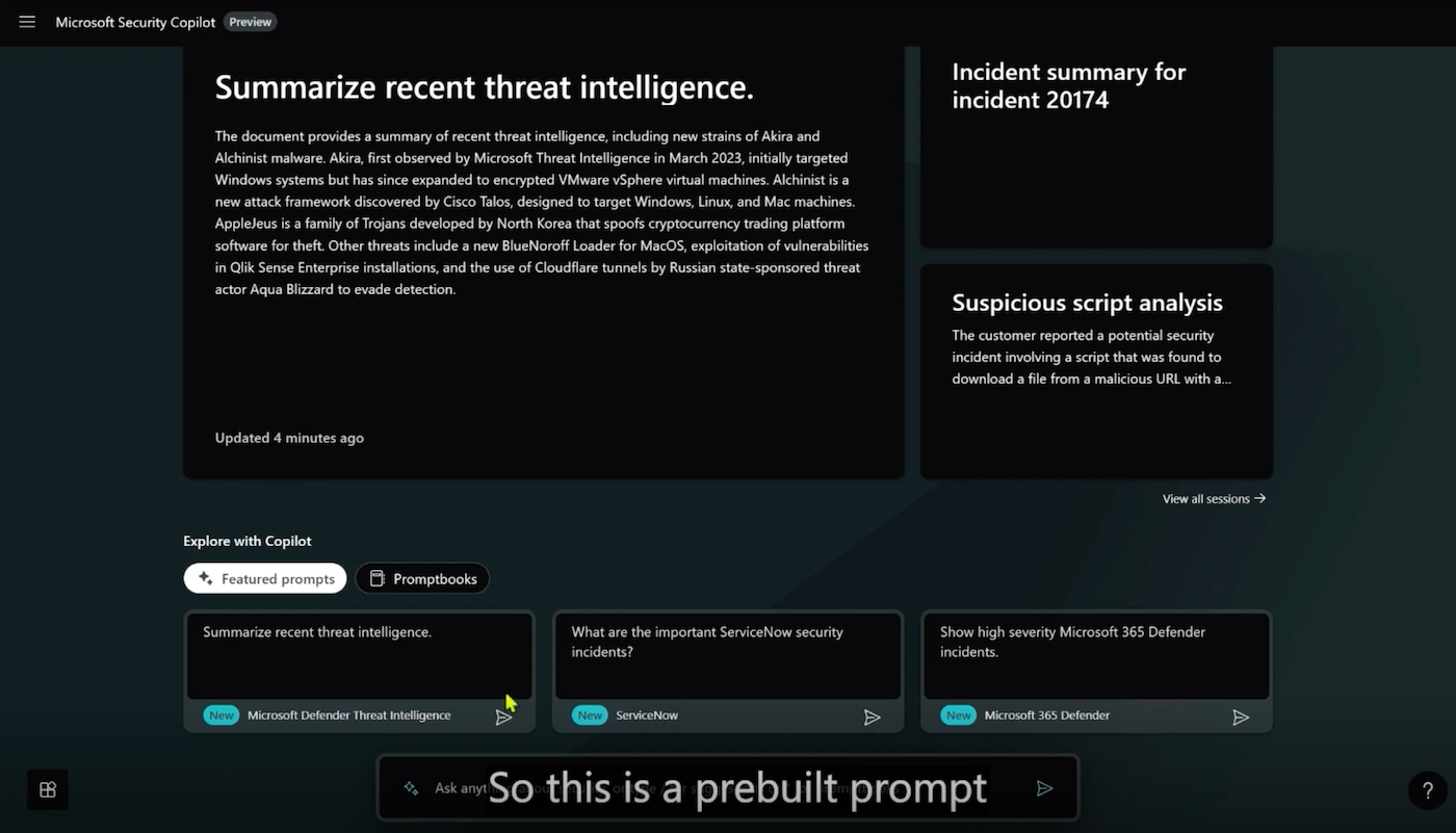 An example of the standalone Security Copilot dashboard, in this case, working on a threat intelligence query.