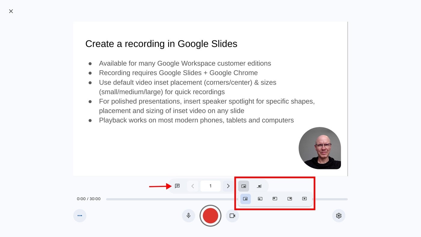 Adjust the default video embed location (bottom right) and size (medium) using the controls shown in the red box, or enable speaker notes with the icon indicated by the arrow.