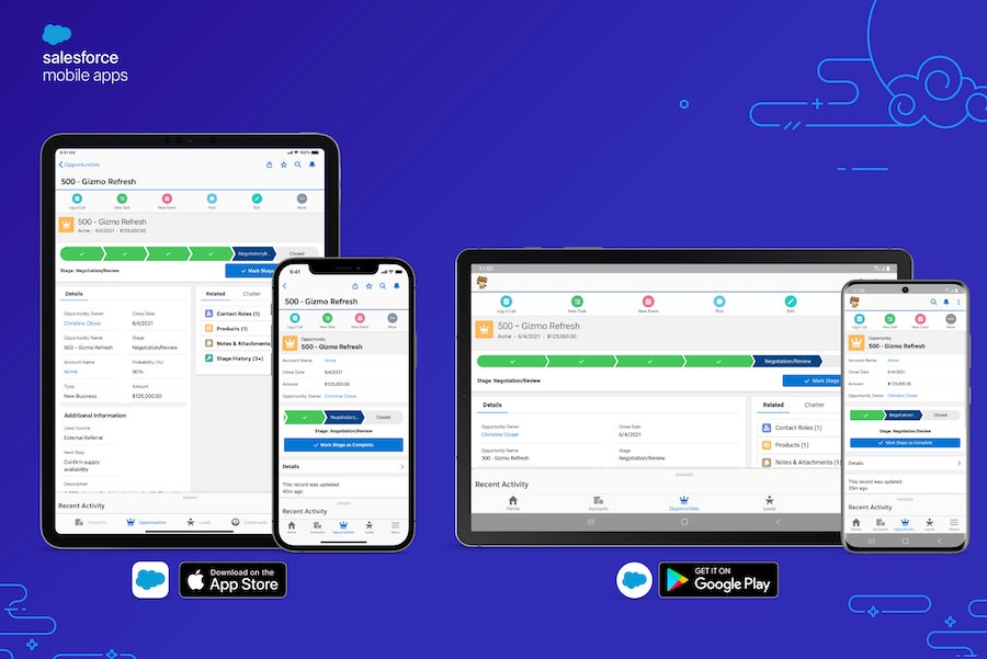 Opportunity management dashboard on iOS and Android devices for Salesforce.