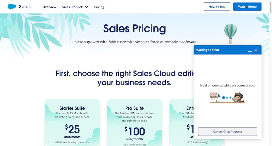 Salesforce's live chat widget seen on the Sales Cloud pricing page.