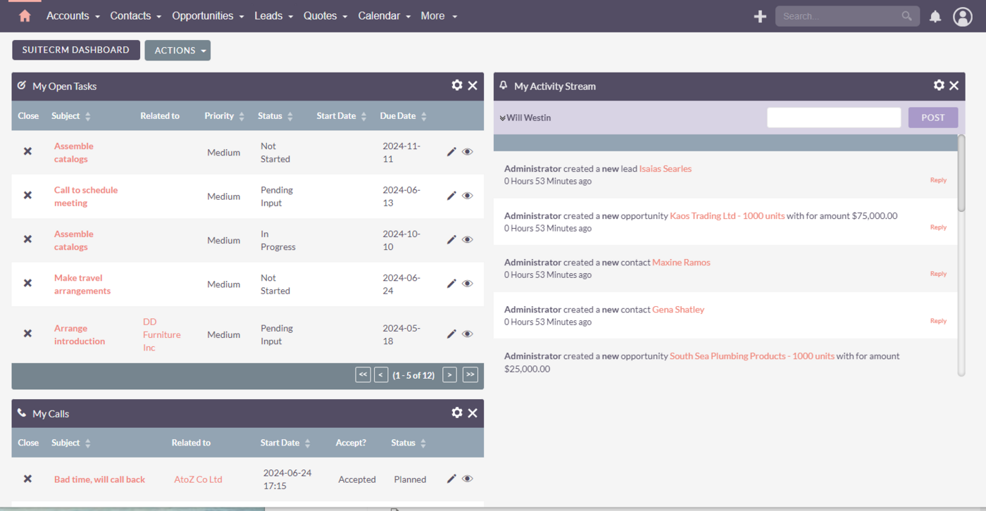 The main SuiteCRM dashboard.