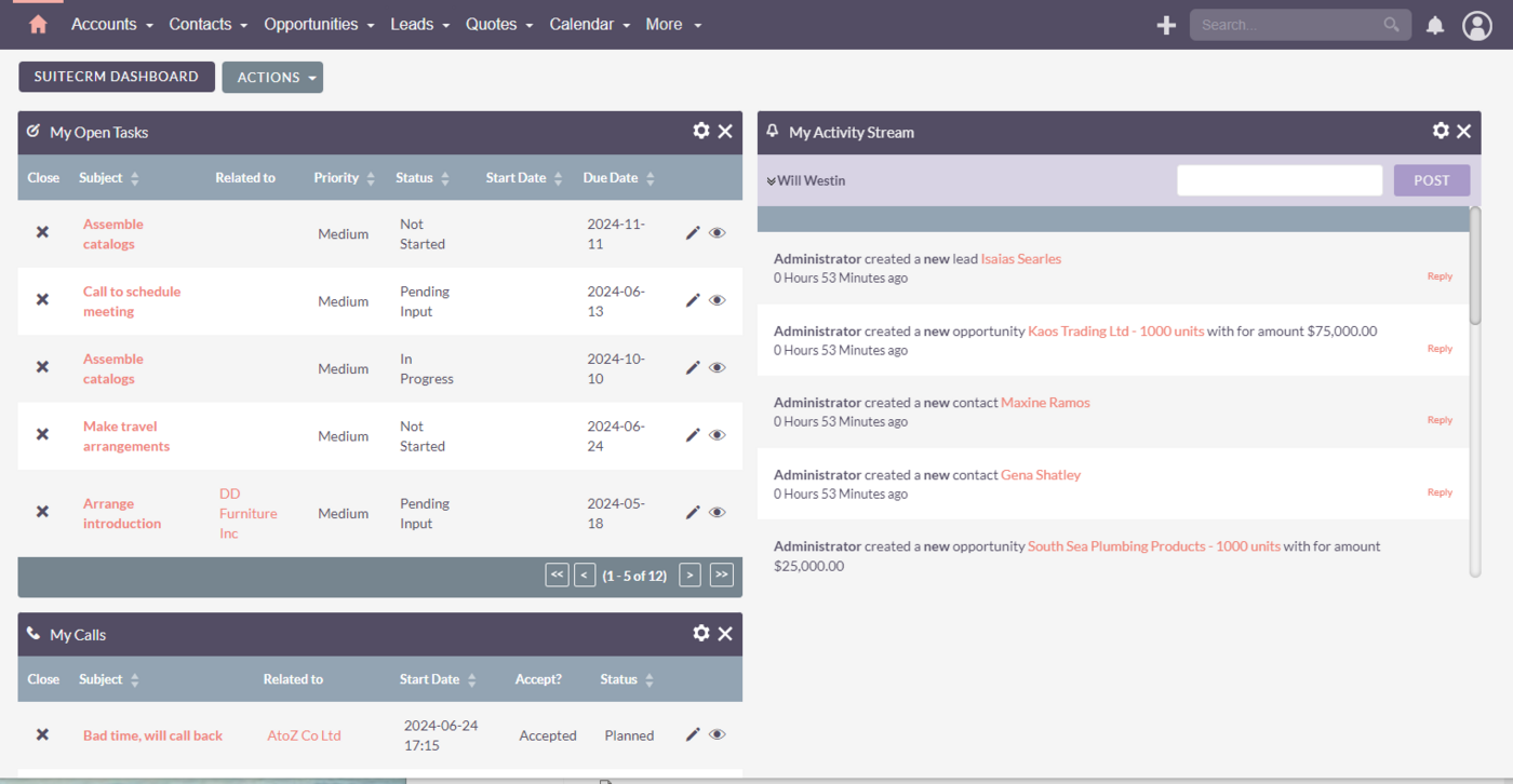 El panel principal de SuiteCRM.