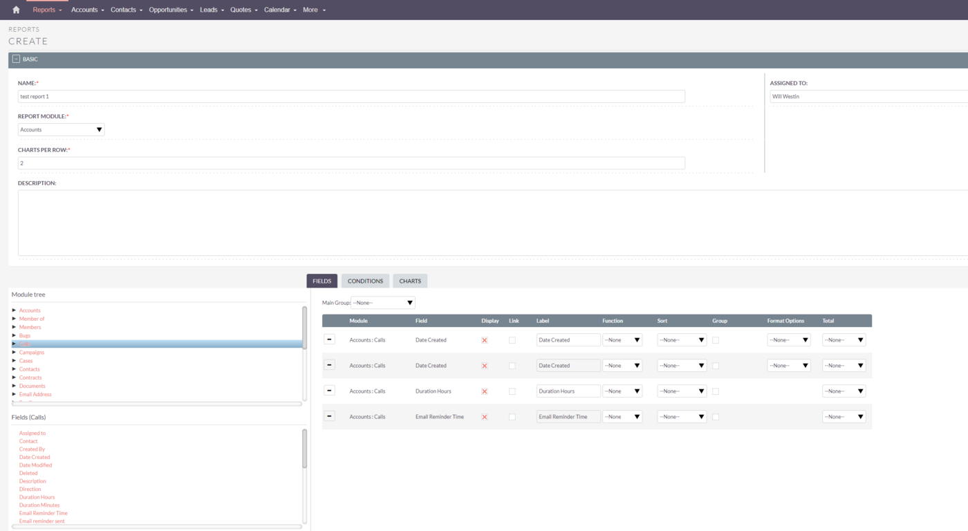 El módulo de generación de informes en SuiteCRM.