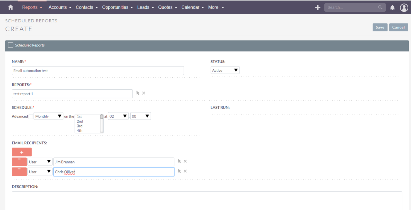 La herramienta de programación de informes dentro de SuiteCRM.