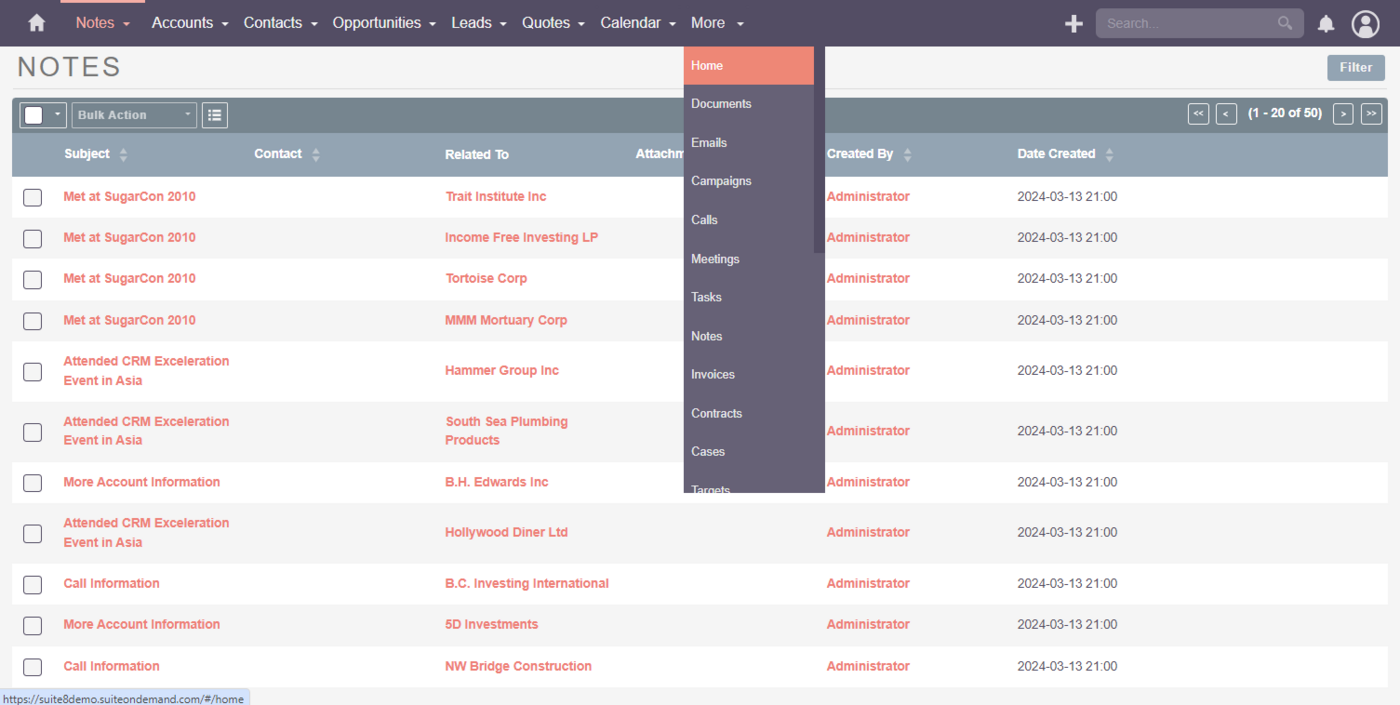 Gestión de actividades de SuiteCRM para varios módulos.